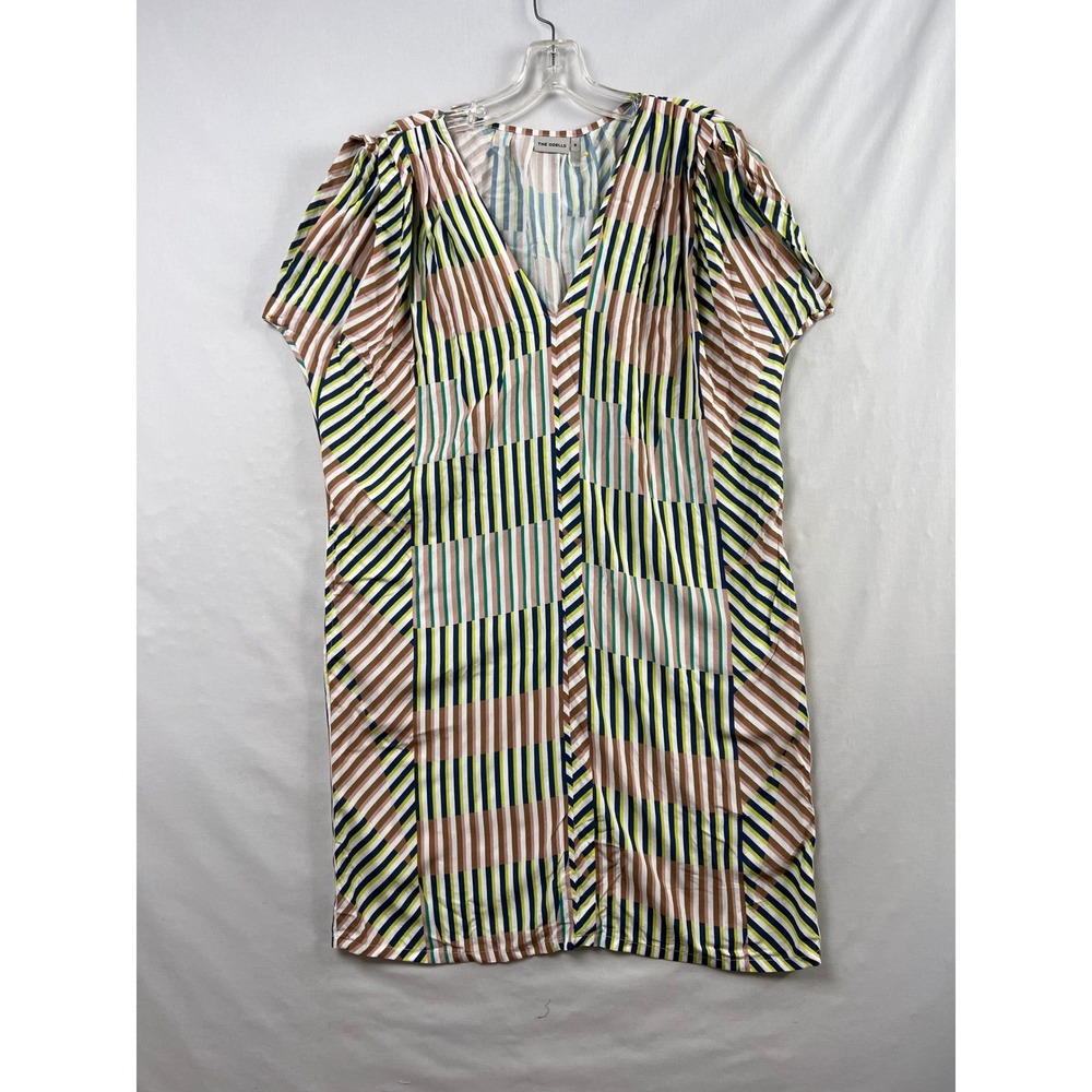 THE ODELLS Shift Dress Womens Medium Multi Geometric Stripe V-Neck Rayon Pockets